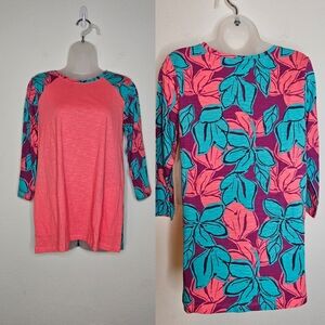 LOGO by Lori Goldstein Pink Teal 100% Cotton Floral Long Sleeve Tunic